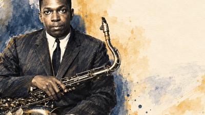 Absztrakt szaxofonos illusztráció John Coltrane századik születési évfordulójához